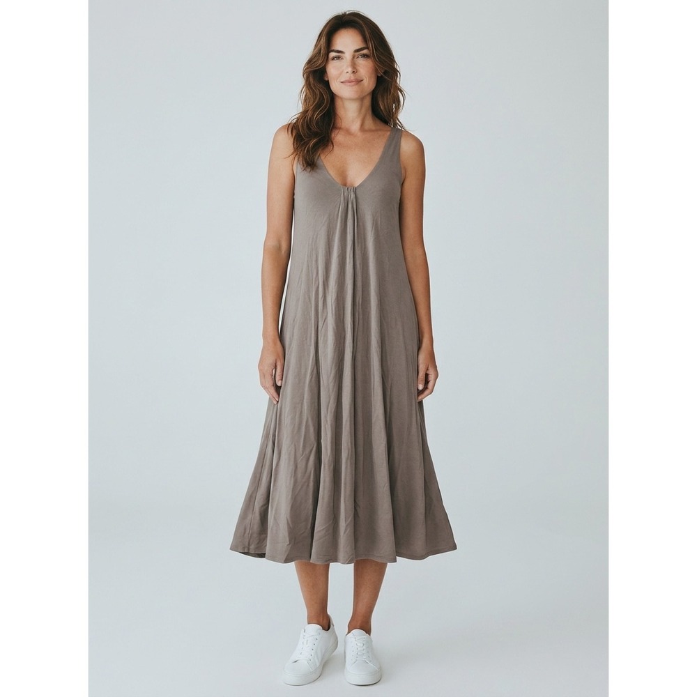 Eileen Fisher Silk V-Neck Midi Dress Taupe Grey Sleeveless A-Line Womens Size S